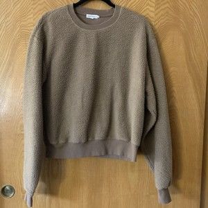 Good American Sweatshirt Size 1  Small Boyfriend Sherpa Tan Pullover Fuzzy Fall